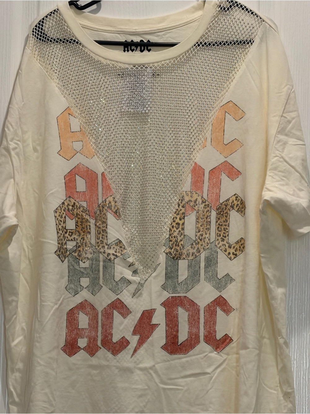 AC/DC Rhinestone Fishnet Tee 3X Plus Size Rock Band Shirt Biker Glam